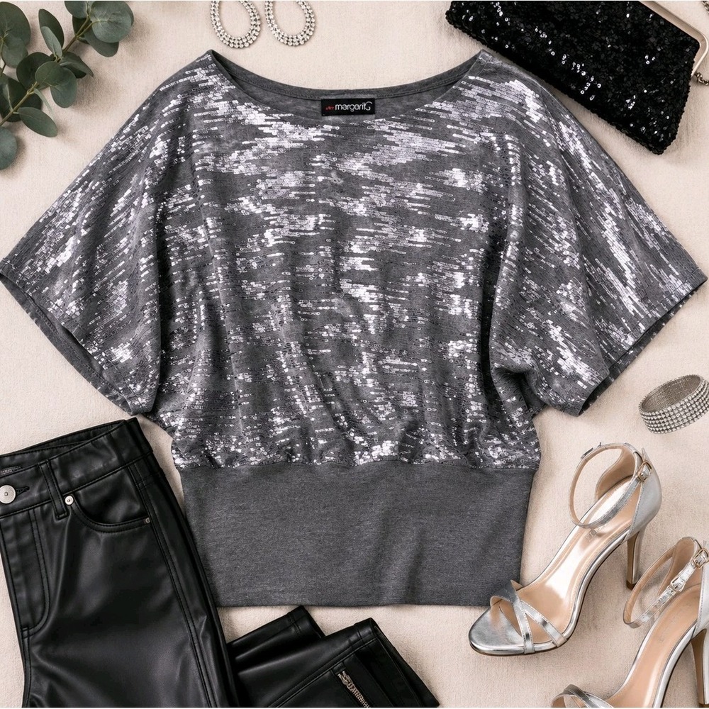 Silver Metallic Top Medium Batwing Dolman Sleeve Party Holiday Cocktail Glam